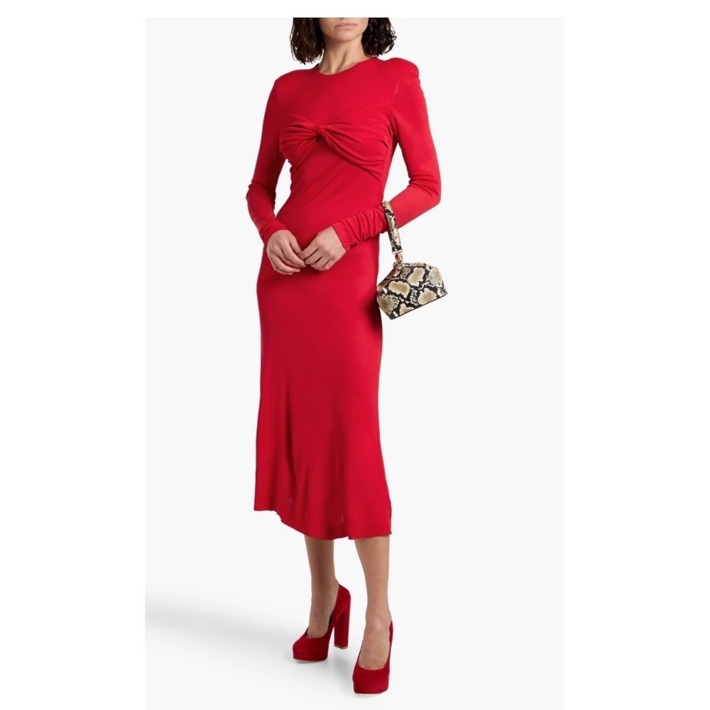 FARM Rio Twisted Jersey Midi Dress Red Long Sleeve Shoulder Pads Size S (J)‎